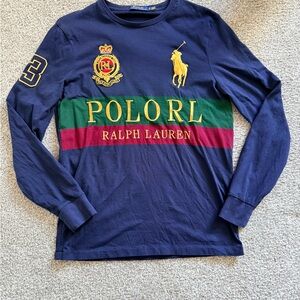 Ralph Lauren Navy Big Pony Long-Sleeve Polo RL Tee with Green & Red Stripes